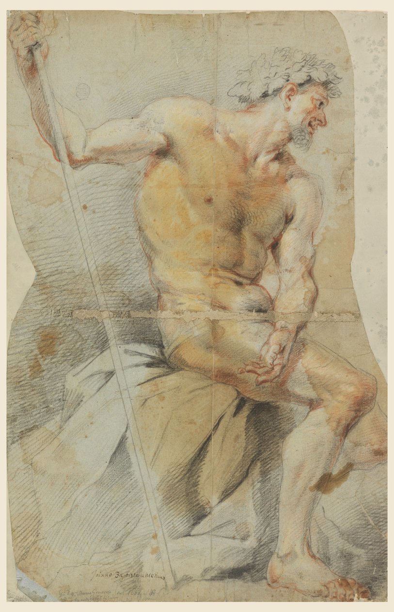 Zeichnung, Studie eines nackten älteren Mannes, Bacchus oder einer seiner Gefährten von Giovanni Battista Merano