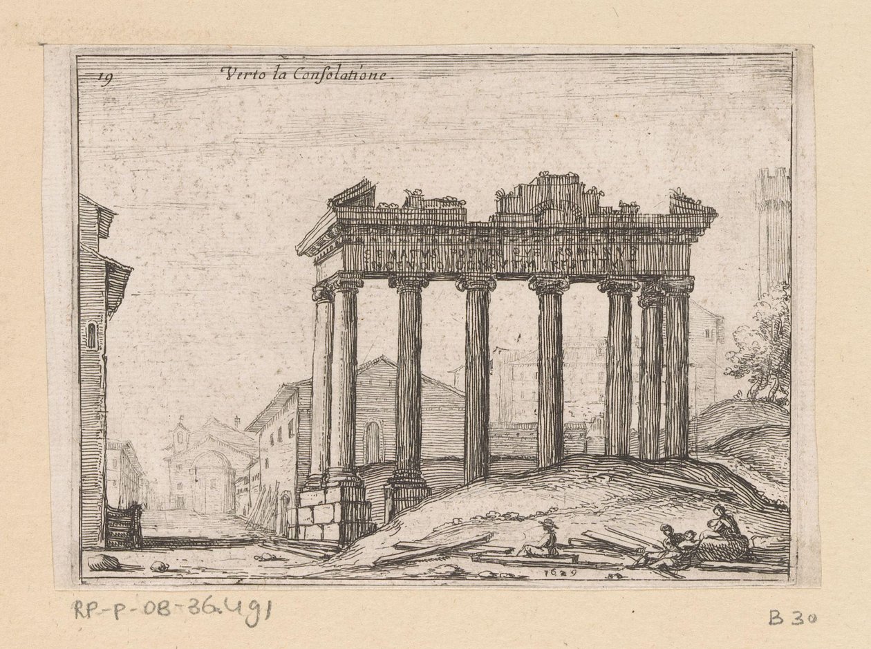Reste des Saturntempels auf dem Forum Romanum in Rom Verto la Consolatione (Titel auf Objekt) Ansichten von Rom (Serientitel) Alcune vedute et prospettive di luoghi dishabitati di Roma (Serientitel) von Giovanni Battista Mercati