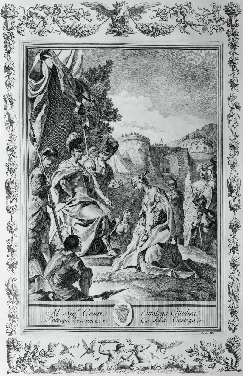 Armida vor Goffredo, Kupferstich von Giovanni Battista Piazzetta (1683-1754) für Gesang III von Jerusalem Befreit, von Torquato Tasso (1544-1595), veröffentlicht von Giovanni Battista Albrizzi, Venedig, Italien von Giovanni Battista Piazzetta