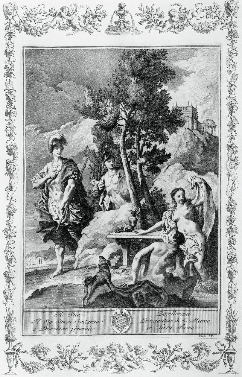Carlo und Ubaldo auf den Glücklichen Inseln, Kupferstich von Giovanni Battista Piazzetta (1683-1754) für Gesang XV von Jerusalem Befreit, von Torquato Tasso (1544-1595), Giovanni Battista Albrizzi Ausgabe, Venedig, Italien von Giovanni Battista Piazzetta
