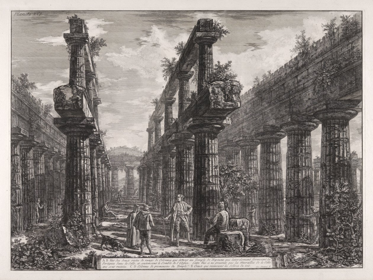 A., B. Ansicht der beiden erhaltenen Säulenreihen im Neptuntempel, die seitlich die Säulengänge in der Cella bildeten und das Dach des Gebäudes trugen... von Giovanni Battista Piranesi