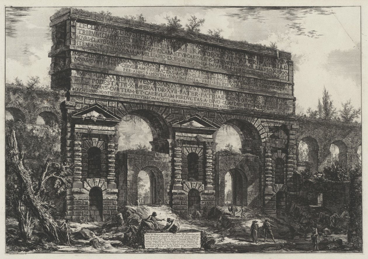Ansicht des Bauwerks, das Imperator Titus Vespasianus für die Restaurierung der Aquädukte von Acqua dell