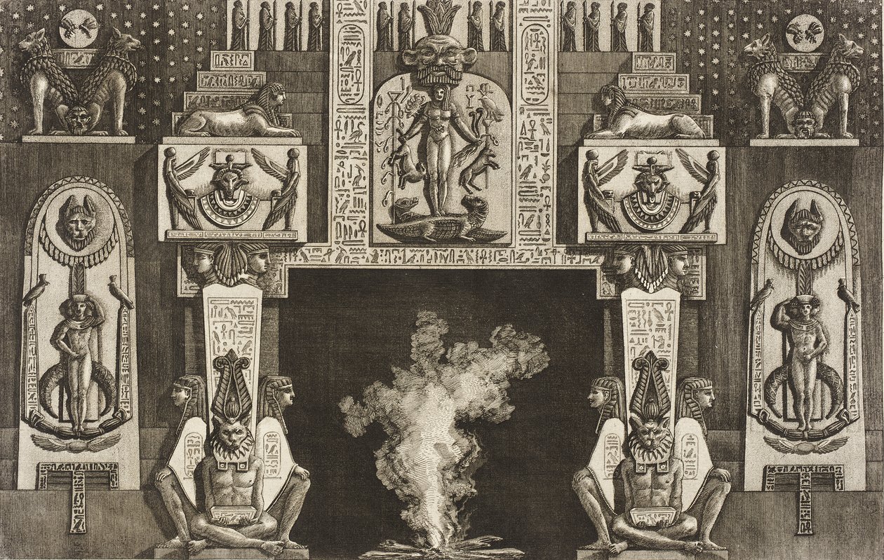 Kaminverkleidung im ägyptischen Stil: Gruppen von drei kauernden Figuren an jedem Gewände. von Giovanni Battista Piranesi