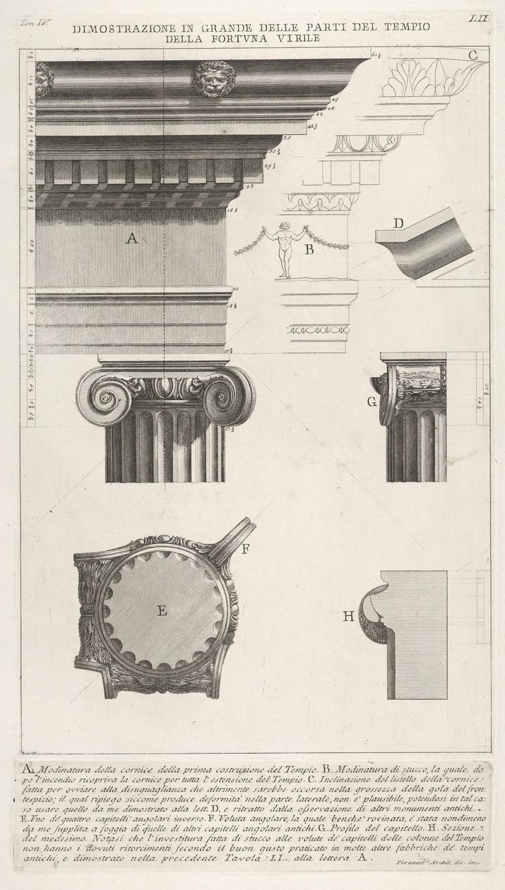 Gesims und Säule vom Tempel der Fortuna Virilis, aus ..., 1756 von Giovanni Battista Piranesi