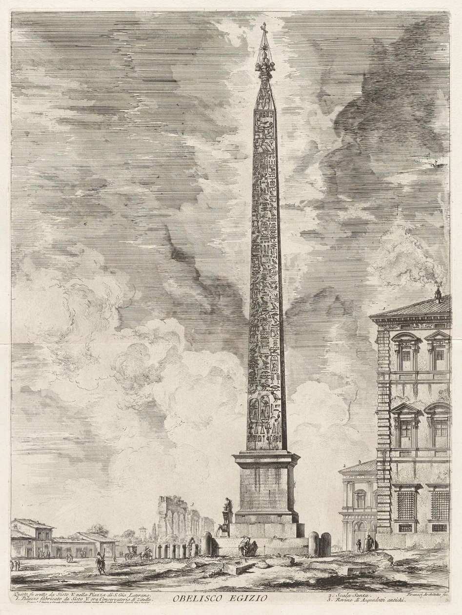 Ägyptischer Obelisk. Dieser wurde von Sixtus V. auf der Piazza di San Giovanni in Laterano errichtet, aus „Ansichten von Rom“ von Giovanni Battista Piranesi