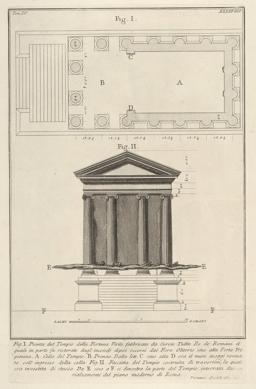 Plan und Fassade des Tempels der Fortuna Virilis, aus der s..., 1756 von Giovanni Battista Piranesi