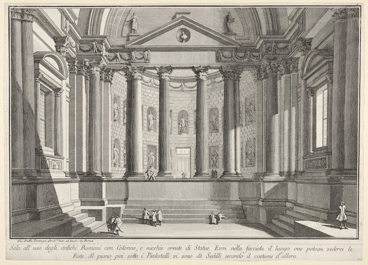 Tafel 9: Säulensaal nach dem Brauch der alten Römer, aus "Erster Teil der Architektur und Perspektiven: gezeichnet und geätzt von Gio. Batt