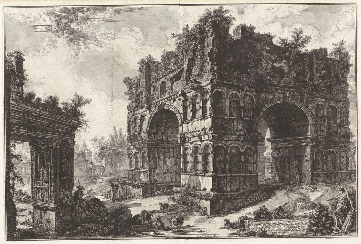 Der volkstümlich sogenannte Janustempel. A. Der sogenannte Bogen der Argentarii oder Geldwechsler, aus „Ansichten von Rom“ von Giovanni Battista Piranesi
