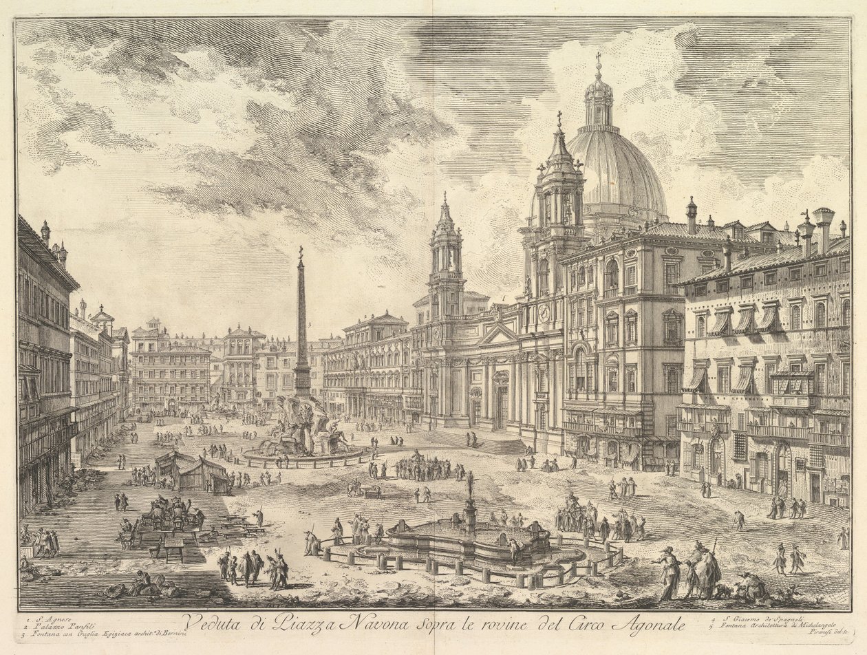Die Piazza Navona, Rom, über den Ruinen des Circus von Domitian, die Kirche Sant Agnese rechts, Berninis Brunnen in der Mitte, aus "Vedute di Roma" von Giovanni Battista Piranesi