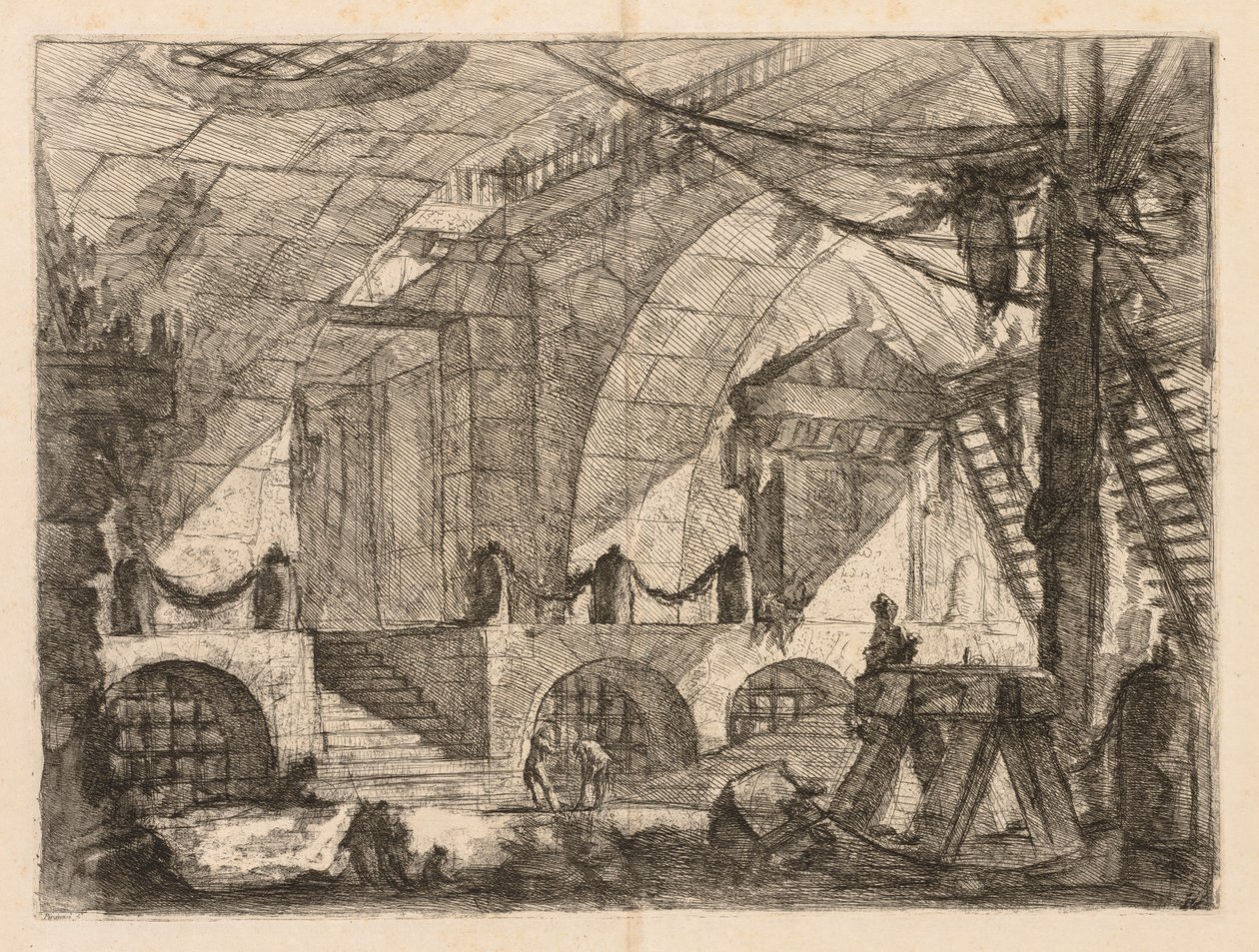 Die Gefängnisse: Eine gewölbte Kammer mit Pfosten und Ketten von Giovanni Battista Piranesi