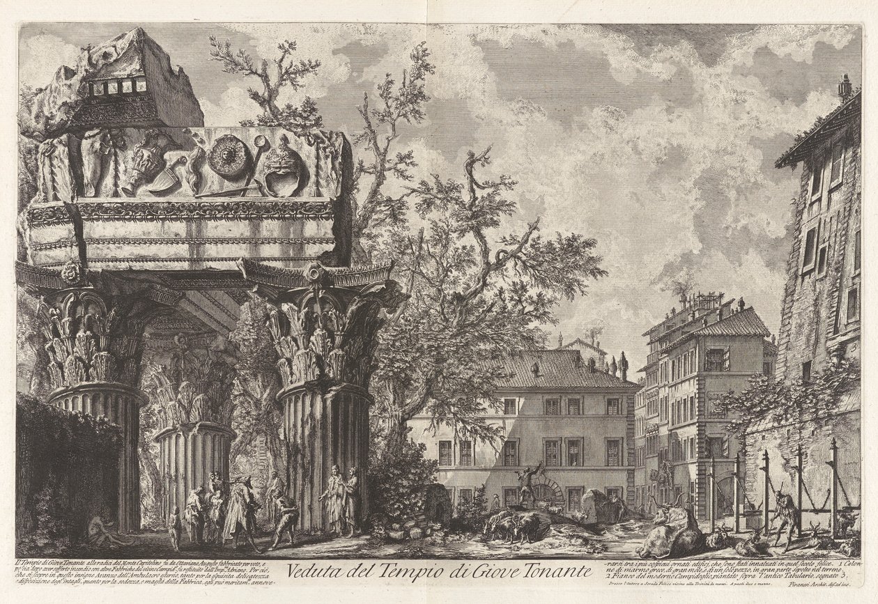 Ansicht des Tempels des Jupiter Tonans (Jupiter der Donnerer; tatsächlich der Tempel von Vespasian und Titus), aus Vedute di Roma (Ansichten von Rom) von Giovanni Battista Piranesi
