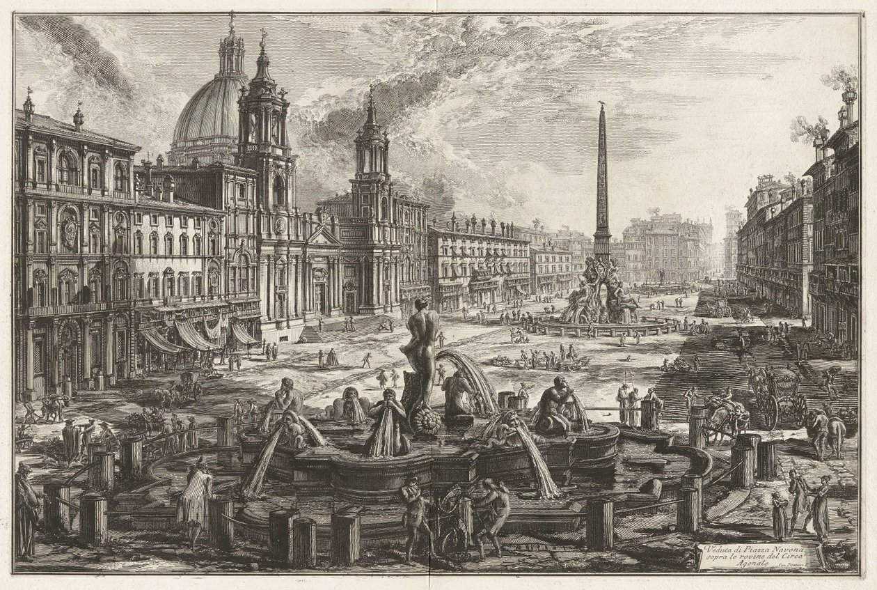 Ansicht der Piazza Navona über den Ruinen des Circus Agonalis (Domitianszirkus), aus „Ansichten von Rom“ von Giovanni Battista Piranesi