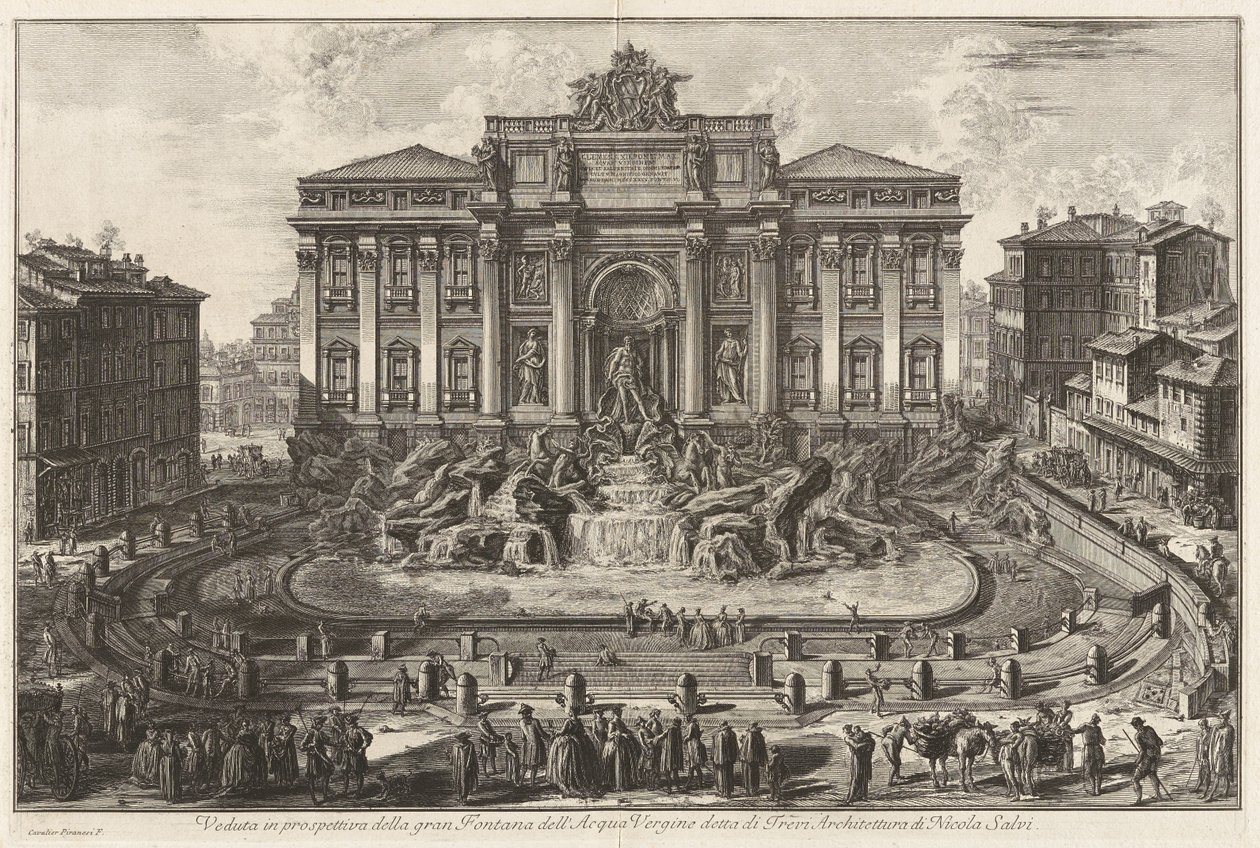 Perspektivische Ansicht des großen Brunnens der Acqua Vergine, genannt der Trevi-Brunnen, Architektur von Nicola Salvi, aus Vedute di Roma von Giovanni Battista Piranesi