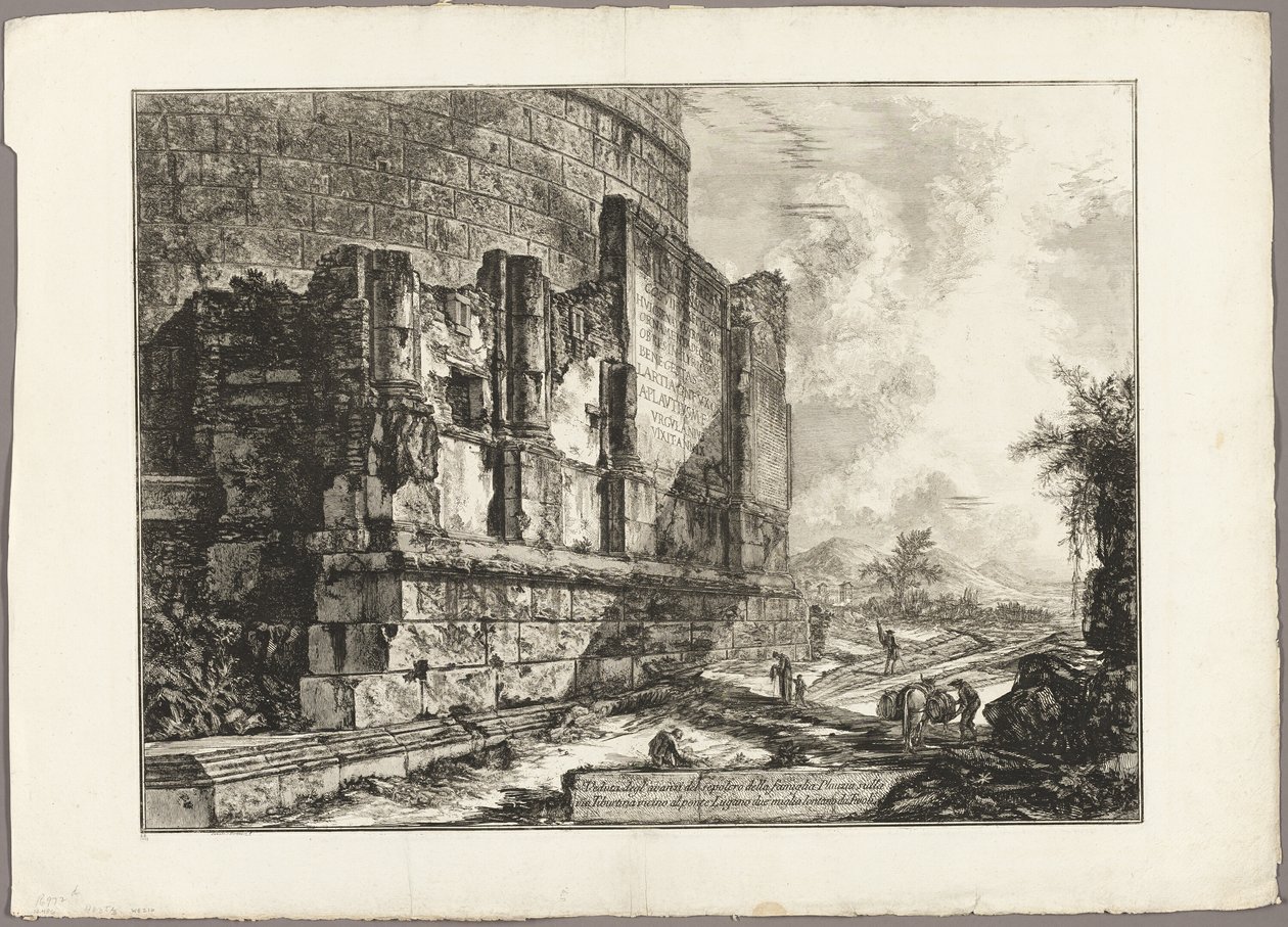 Ansicht der Überreste des Grabmals der Plautii an der Via Tiburtina, in der Nähe der Ponte Lugano, zwei Meilen von Tivoli entfernt, aus Ansichten von Rom von Giovanni Battista Piranesi