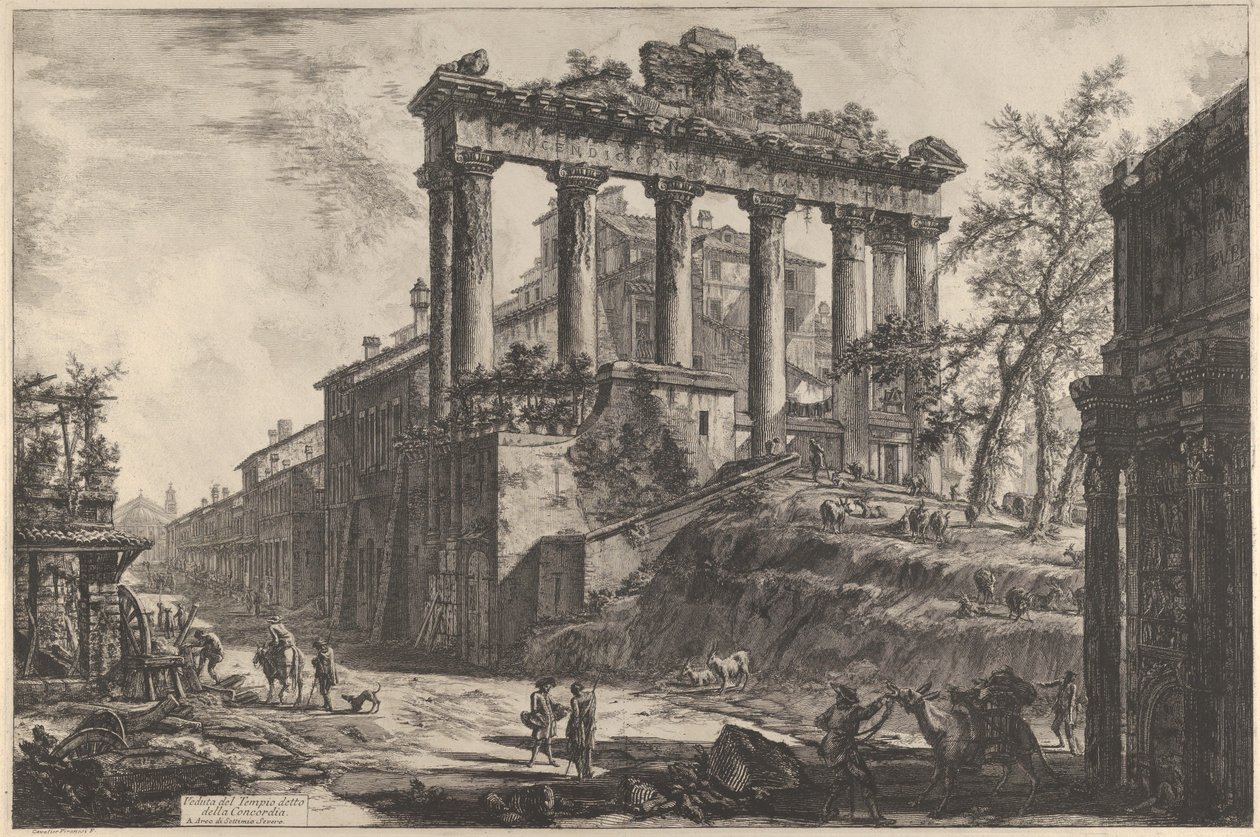 Ansicht des sogenannten Concordiatempels mit dem Saturntempel, rechts der Septimius-Severus-Bogen von Giovanni Battista Piranesi