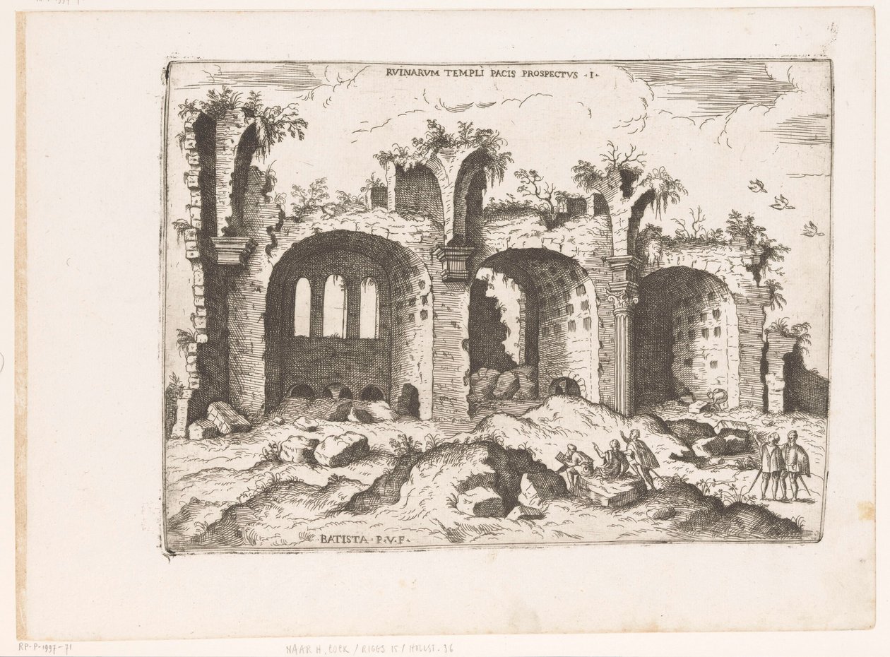 Ansicht der Basilika von Maxentius in Rom (Ruinarum Templi Pacis Prospectus, Praecipua aliquot Romanae Antiquitatis Ruinarum Monimenta) von Giovanni Battista Pittoni (I)