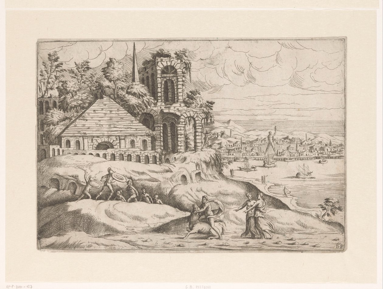 Landschaft mit antiken Ruinen und dem Koloss von Rhodos von Giovanni Battista Pittoni (I)
