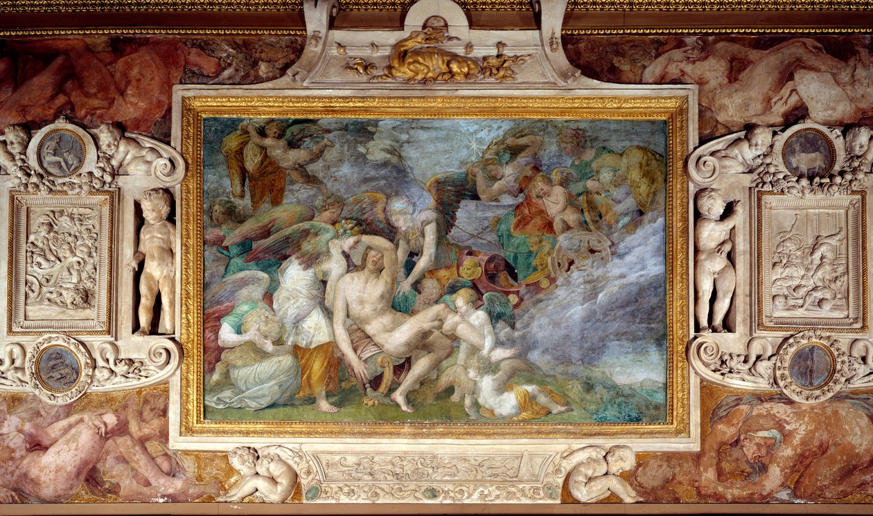 Fresko des 5. südlichen Jochs der Galerie François I im Schloss Fontainebleau, das den Tod von Adonis zeigt von Giovanni Battista Rosso Fiorentino