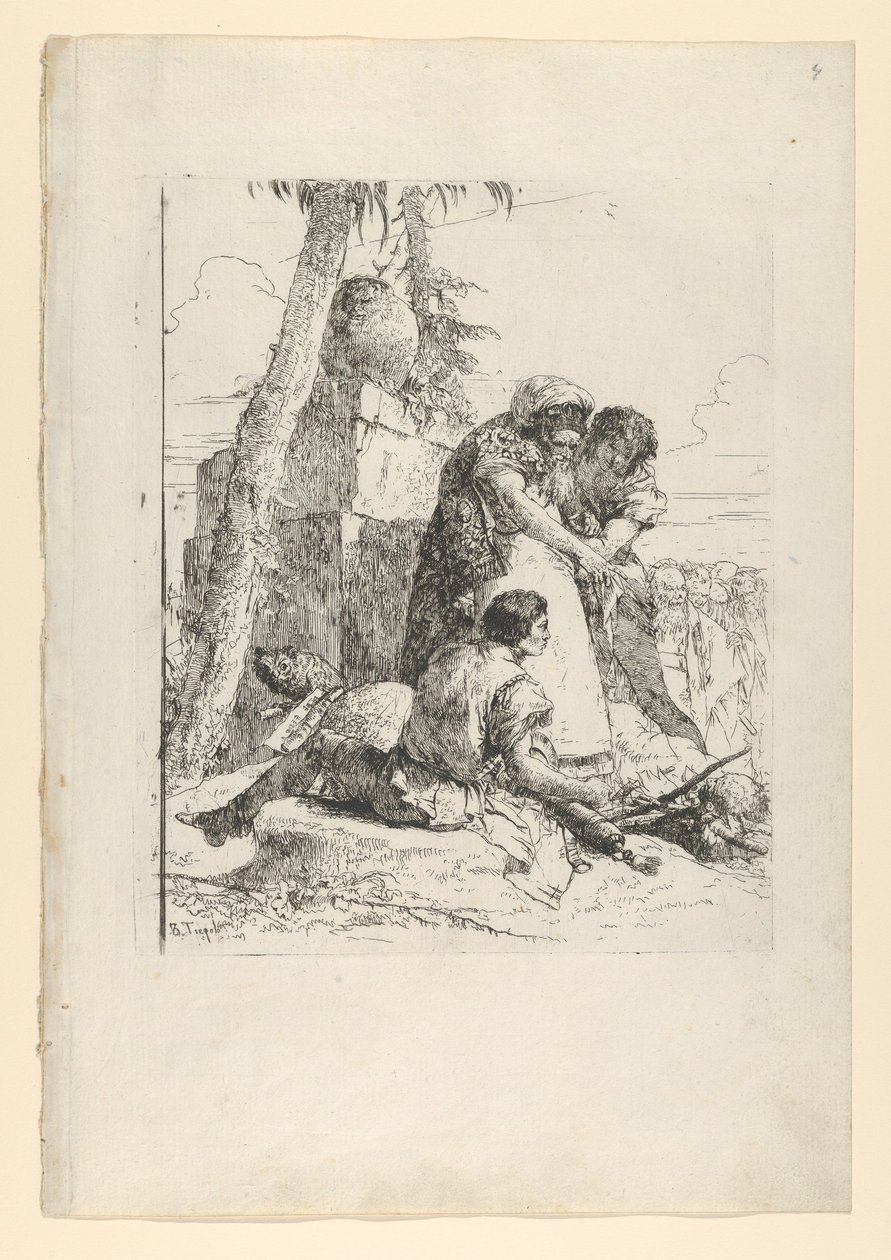 Magier, der auf einen brennenden Kopf zeigt, zu zwei Jugendlichen, aus den Scherzi, ca. 1743-50 von Giovanni Battista Tiepolo