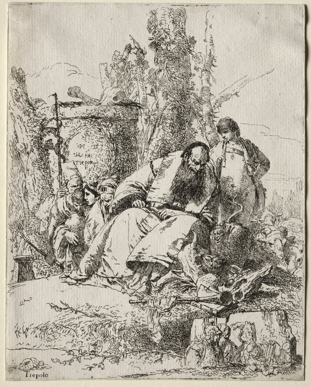 Scherzi di Fantasia: Sitzender Magier, Junge und vier Figuren von Giovanni Battista Tiepolo