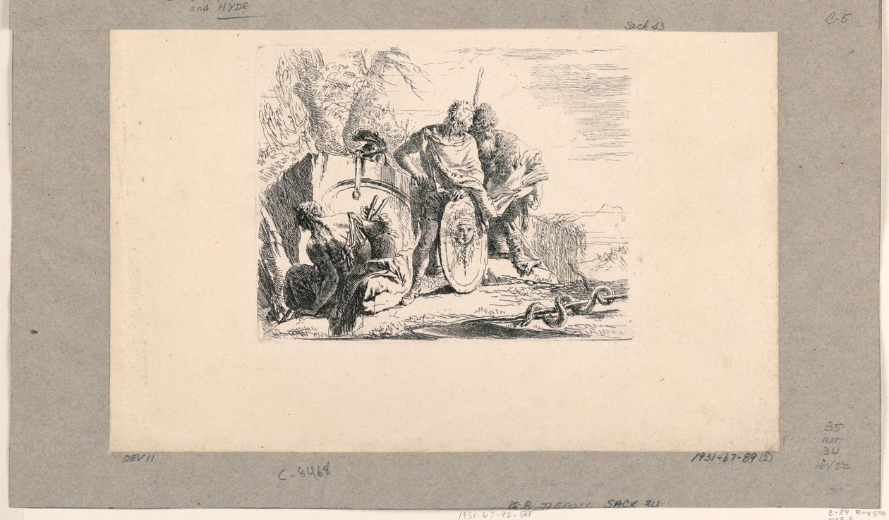 Sitzende Frau, junger Soldat und Magus, aus den Vari Capricci von Giovanni Battista Tiepolo