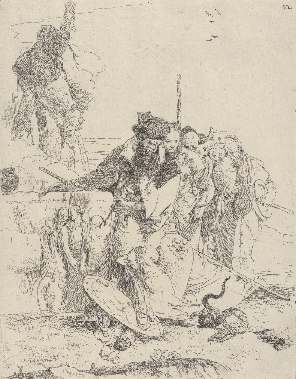 Sechs Personen beobachten eine Schlange, aus den Scherzi von Giovanni Battista Tiepolo