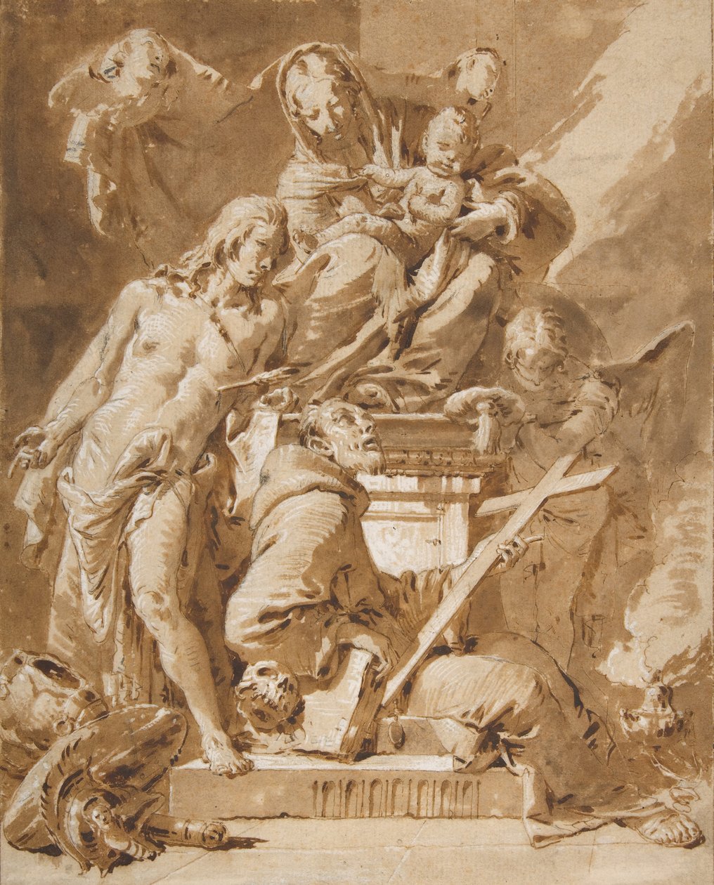 Die Jungfrau und das Kind auf dem Thron mit dem heiligen Sebastian und einem Franziskanermönch von Giovanni-Battista Tiepolo