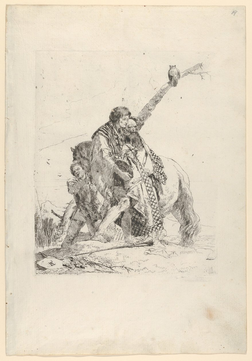 Drei Männer, die neben einem Pferd stehen, aus den Scherzi von Giovanni Battista Tiepolo