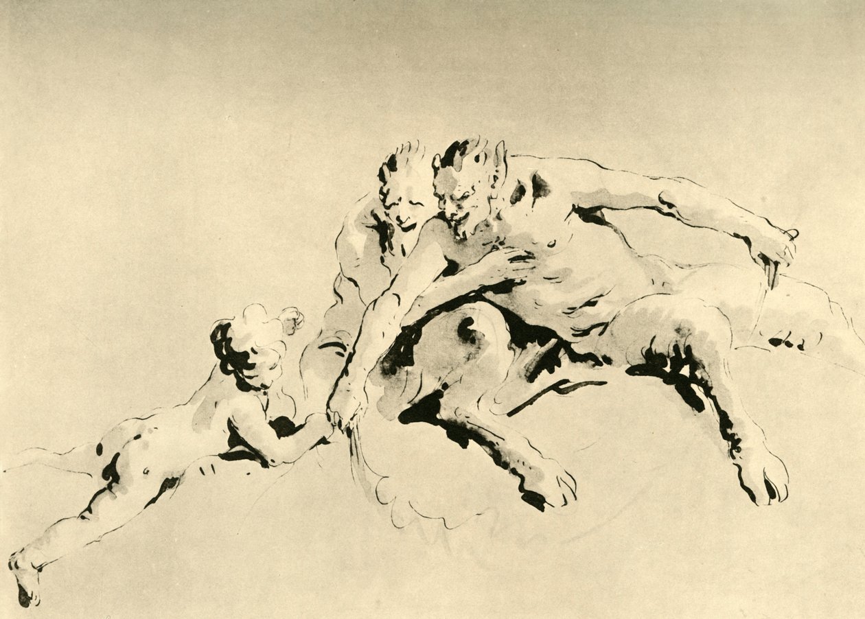 Zwei Faune und ein Amor, Mitte 18. Jahrhundert, 1928 von Giovanni Battista Tiepolo