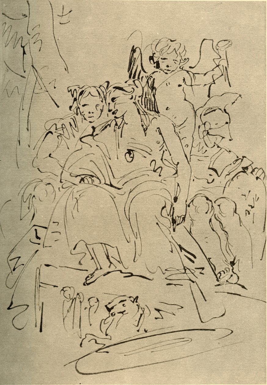 Zwei Frauen, Eros und ein Soldat, Mitte des 18. Jahrhunderts von Giovanni Battista Tiepolo