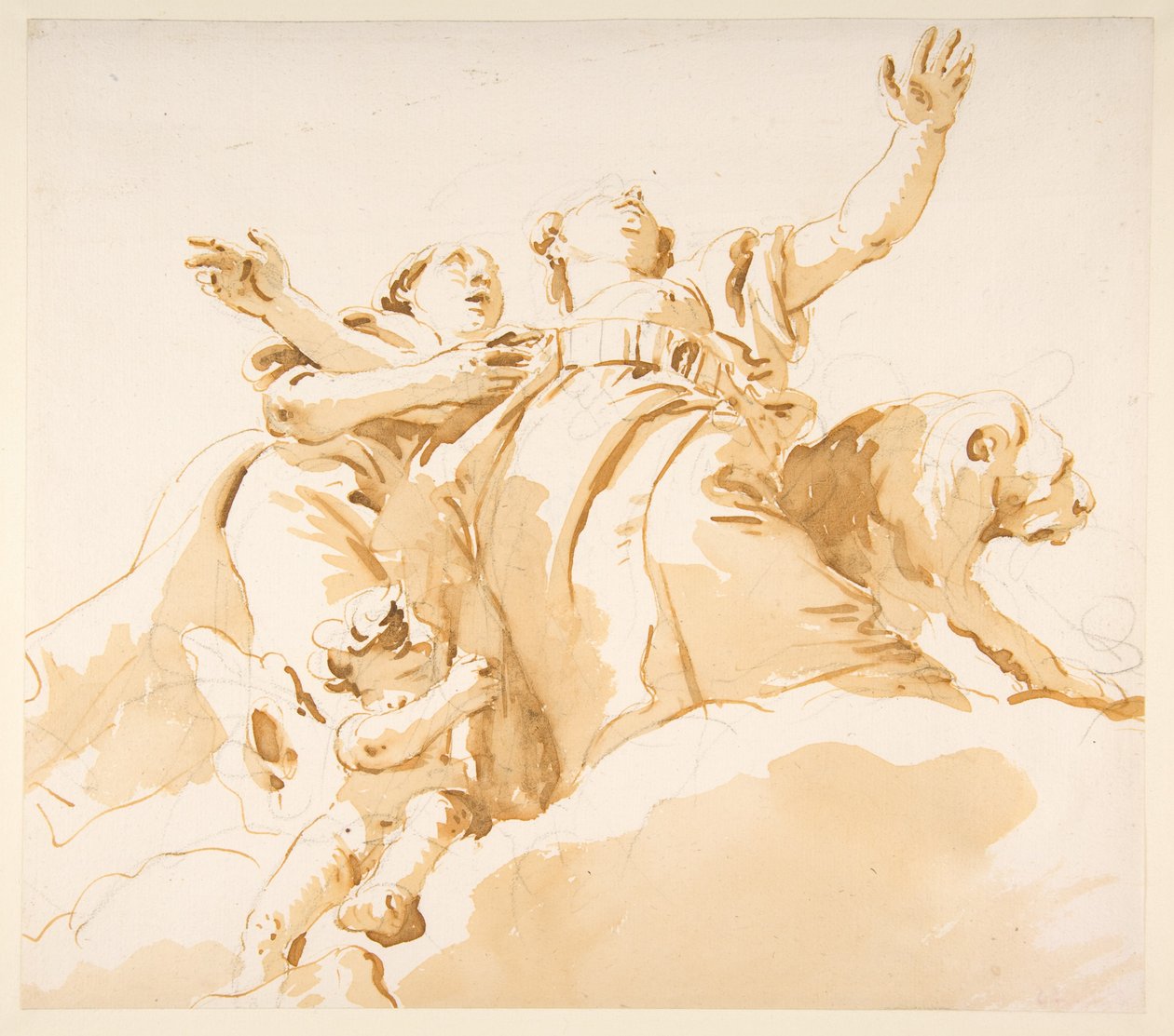 Zwei Frauen, ein Löwe und ein Putto auf Wolken von Giovanni Battista Tiepolo