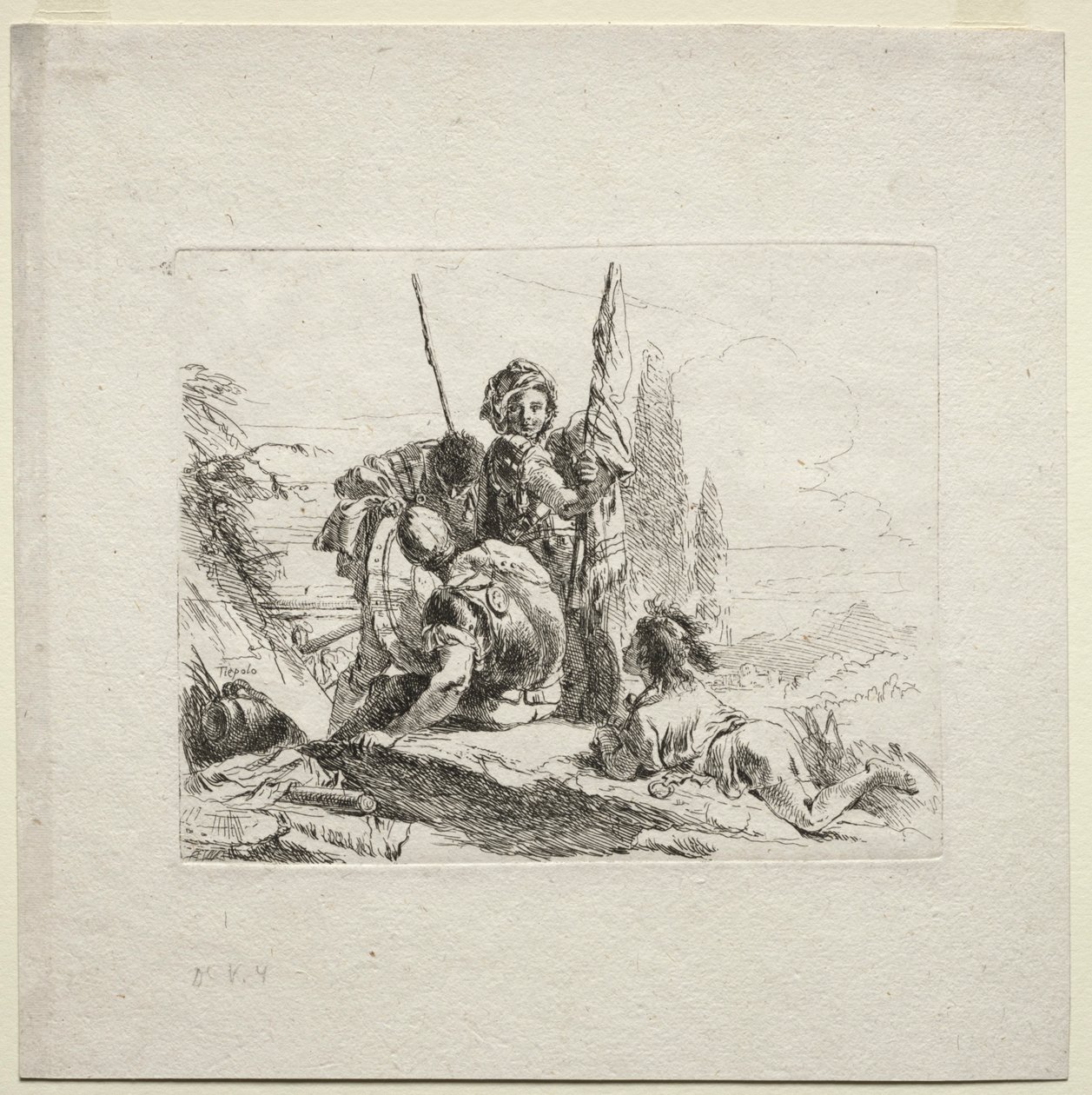 Verschiedene Kaprizen: Die drei Soldaten und der Junge, 1785 von Giovanni Battista Tiepolo