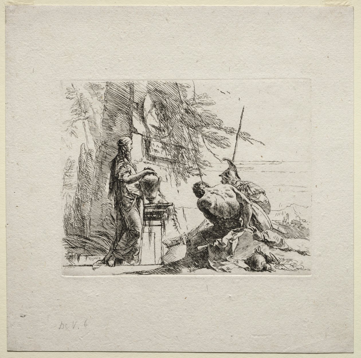 Verschiedene Kaprizen: Die Frau, die mit den Händen auf einer Vase steht, 1785 von Giovanni Battista Tiepolo