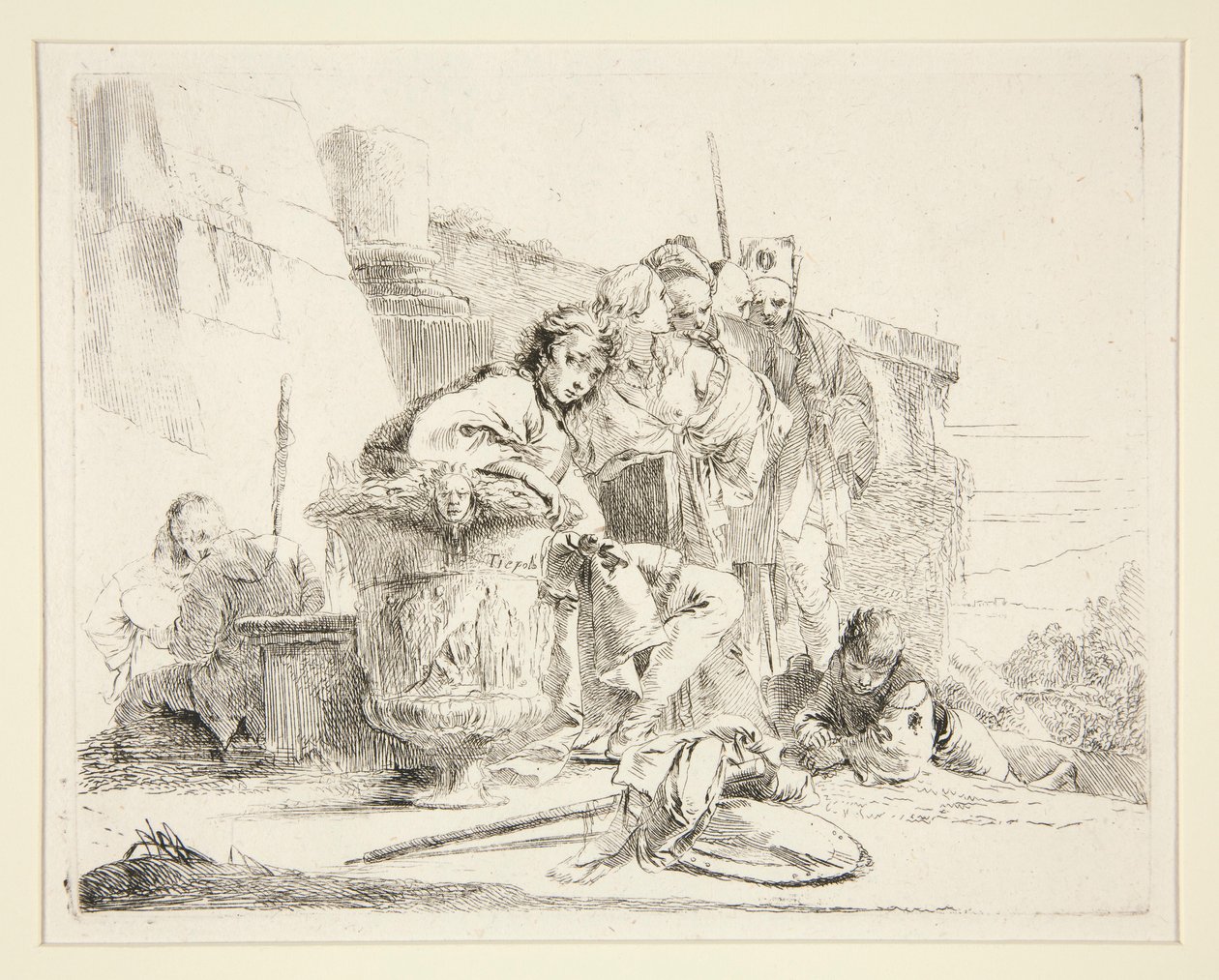 Junger Mann sitzt und lehnt sich an eine Urne von Giovanni Battista Tiepolo