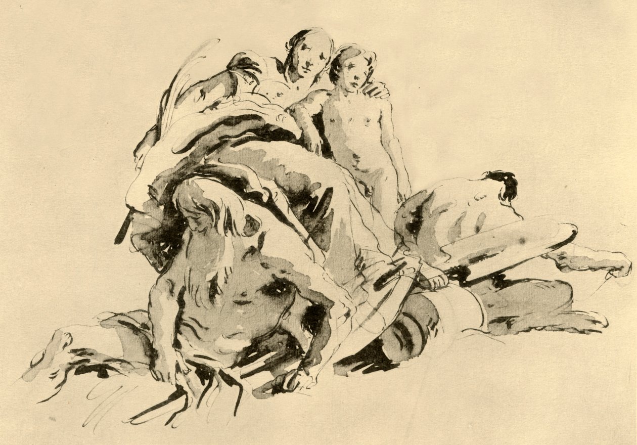 Junge Frau mit Junge, Flussgott und Satyr, Mitte 18. Jahrhundert, 1928 von Giovanni Battista Tiepolo