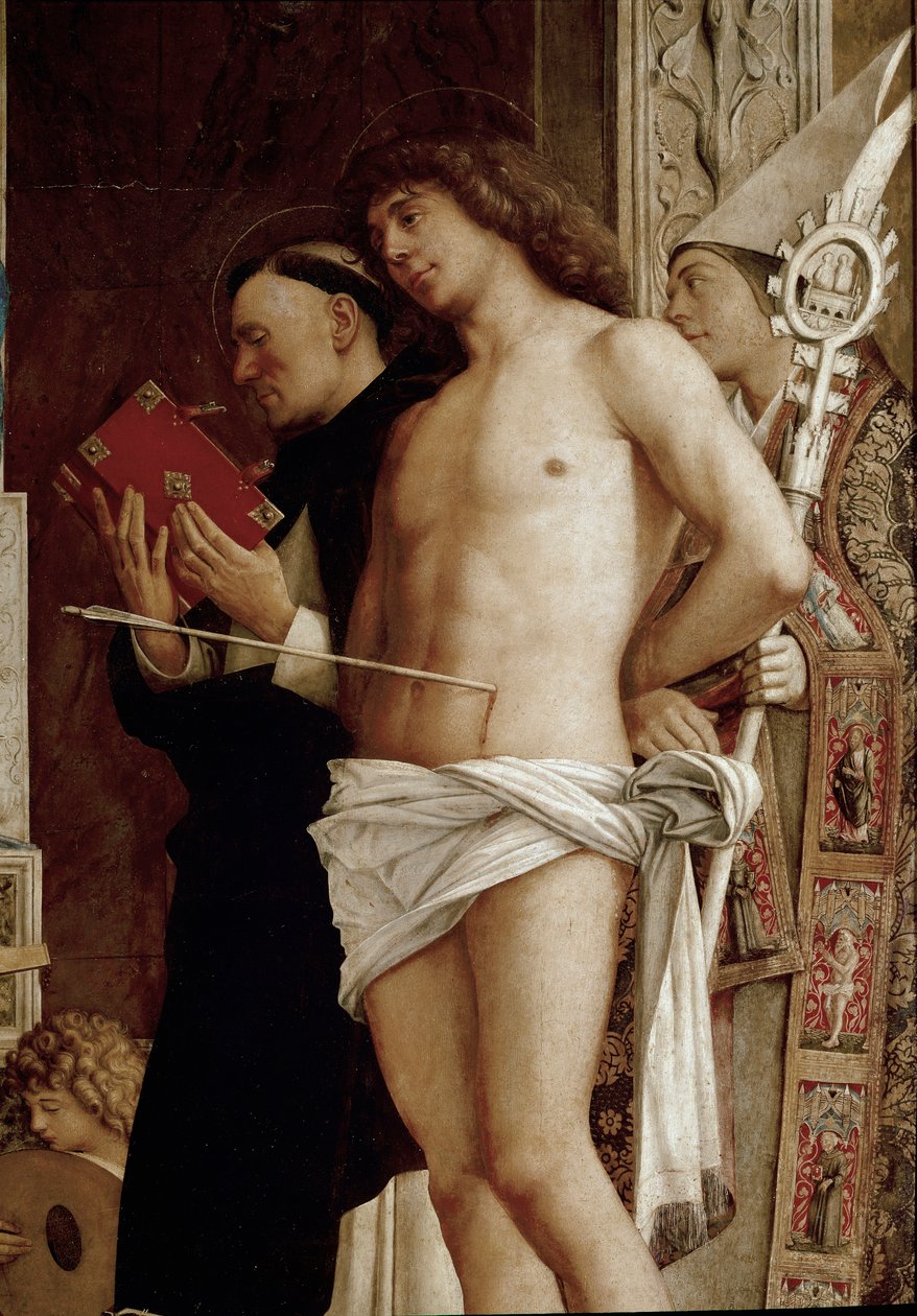 Altarbild des Heiligen Job: Jungfrau und Kind mit sechs Heiligen und musizierenden Engeln (Detail) von Giovanni Bellini