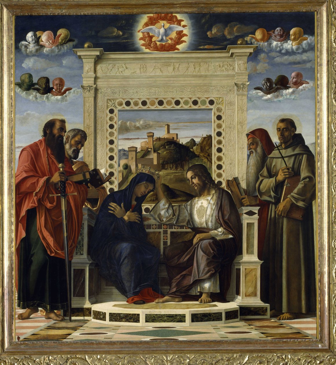 Krönung der Jungfrau mit den Heiligen Paulus, Petrus, Hieronymus und Franz von Assisi mit Szenen aus dem Leben der Heiligen im Predella-Panel, bekannt als das 