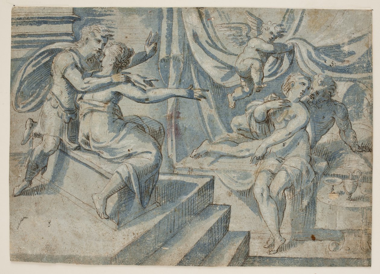 Ein Liebespaar auf einem Bett wird von einem Putto einem römischen Soldaten und seiner Frau enthüllt von Giovanni Bellini