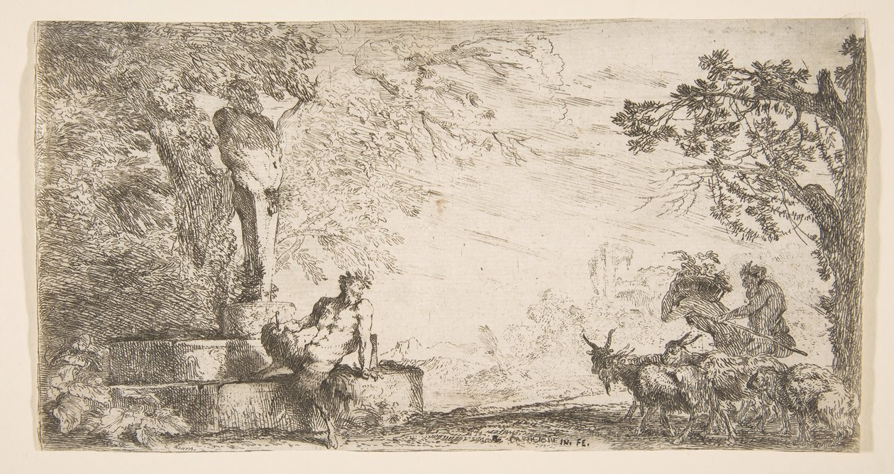 Ein Satyr, der am Fuß einer Statue des Priapus liegt, Ziegen rechts, ca. 1645-48 von Giovanni Benedetto Castiglione