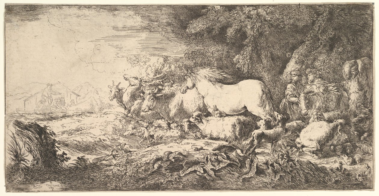 Einzug der Tiere in die Arche Noah, drei Männer folgen Vierbeinern und Vögeln, ca. 1650-55 von Giovanni Benedetto Castiglione