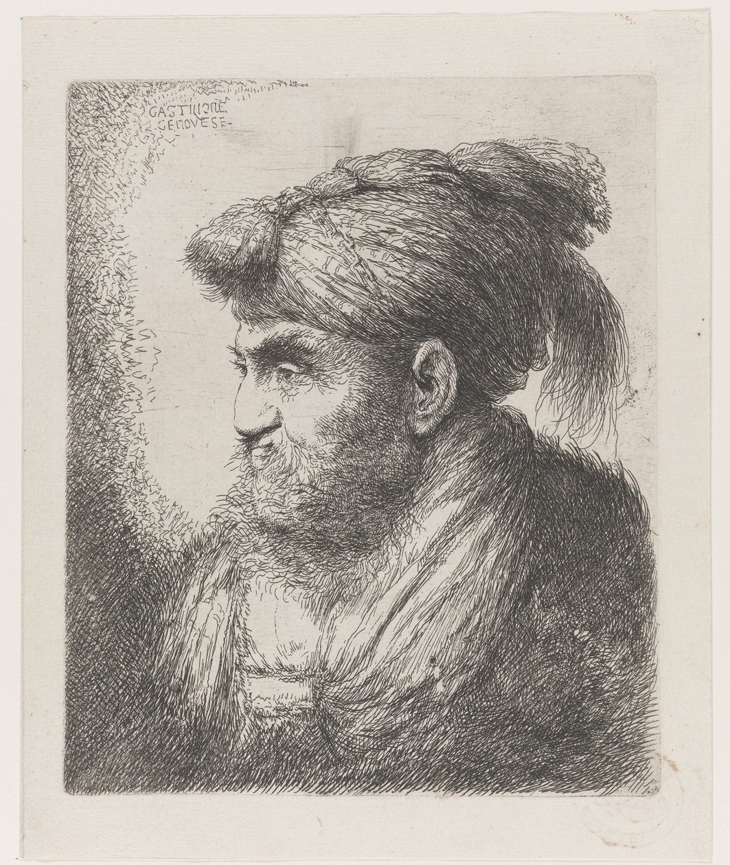 Kopf eines Mannes mit Turban mit Quaste (Grote studie van hoofden met oosterse hoofddeksels) von Giovanni Benedetto Castiglione