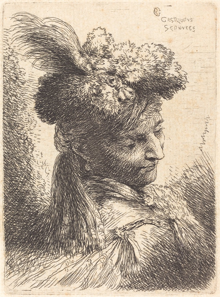 Junger Mann mit Pelzkopfschmuck und Stirnband, nach rechts blickend von Giovanni Benedetto Castiglione