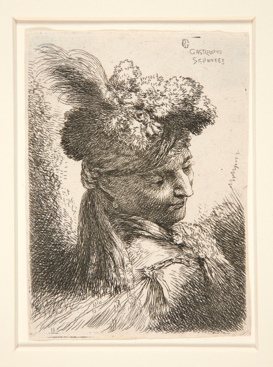 Junger Mann ohne Bart, in 3/4 Ansicht, nach rechts gedreht, nach unten blickend, aus der Serie Les petites têtes von Giovanni Benedetto Castiglione