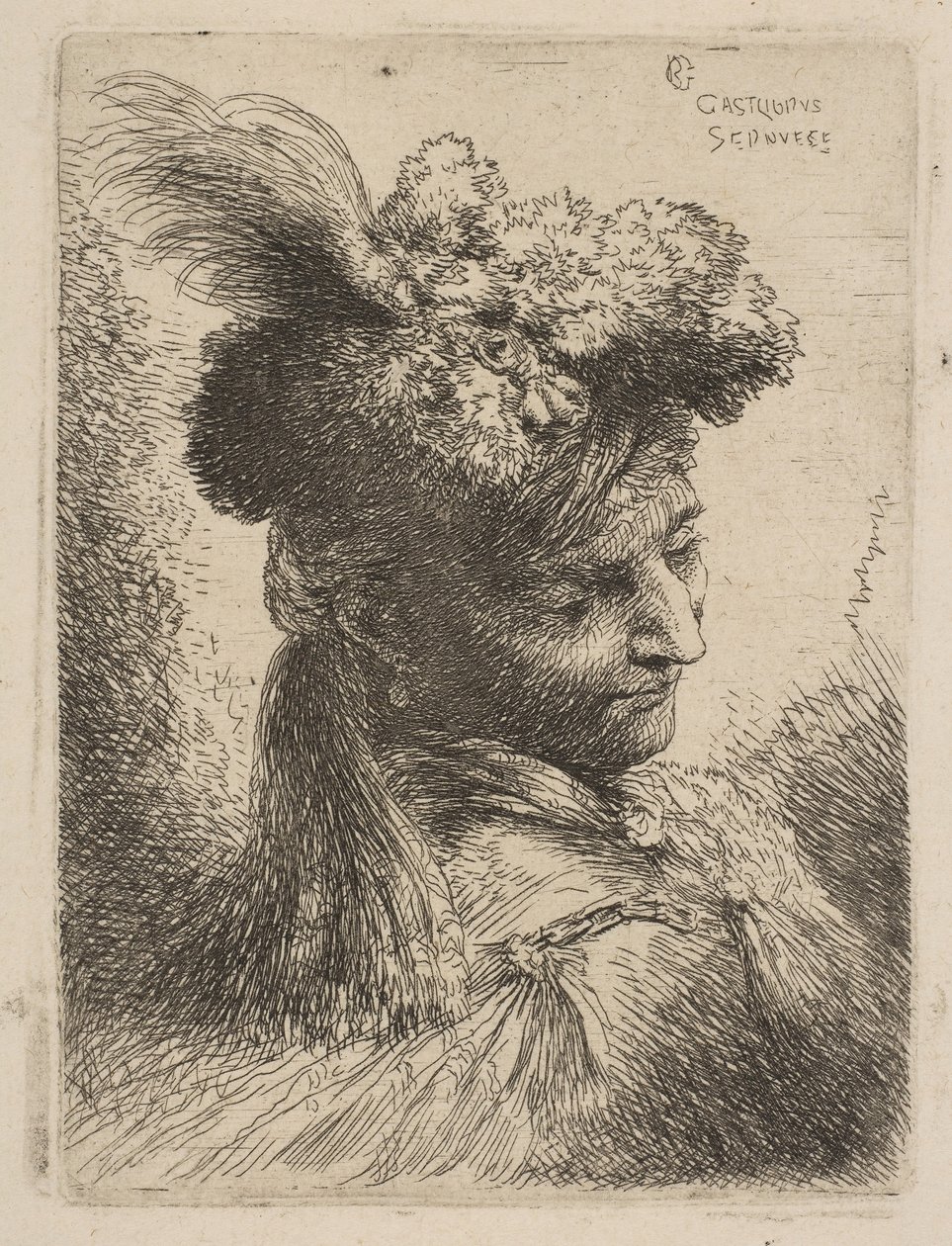Junger Mann mit Pelzkopfbedeckung und Feder, ca. 1645-50 von Giovanni Benedetto Castiglione