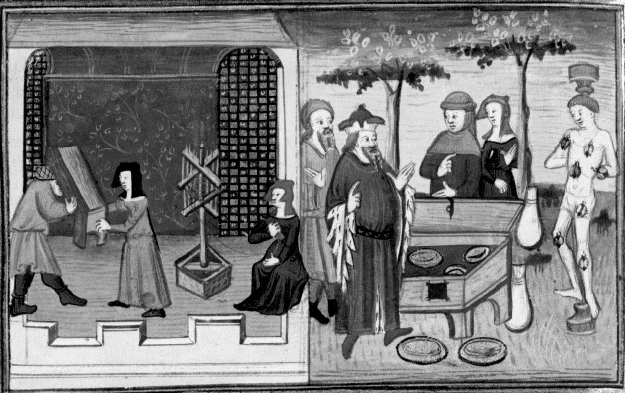 Dekameron, Ambrogiuolo lässt sich in einer Kiste ins Haus von Bernabò bringen; Ambrogiuolo wird für seinen Betrug bestraft. Zweiter Tag, Novelle 9. von Giovanni Boccaccio