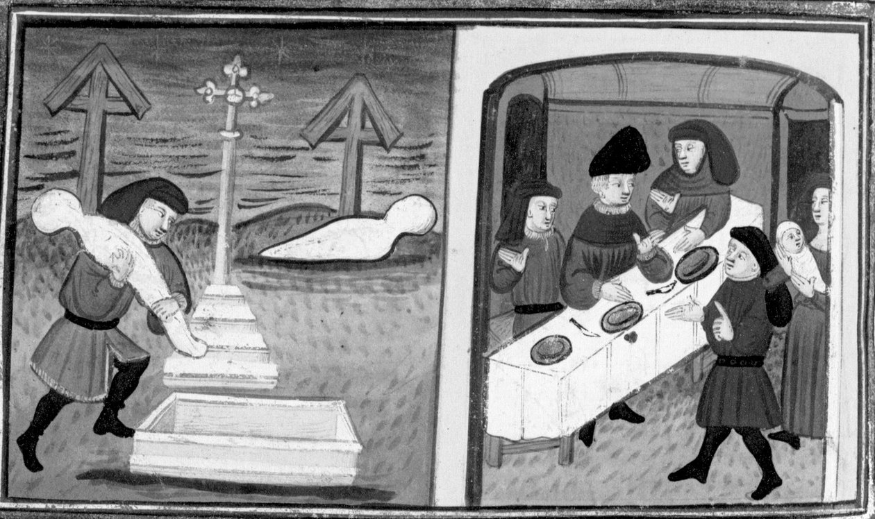 Dekameron, Gentile Carisendi rettet Catalina aus dem Grab; der Mann stellt die Frau und ihren Sohn den Gästen vor. Zehnter Tag, Novelle 4. von Giovanni Boccaccio