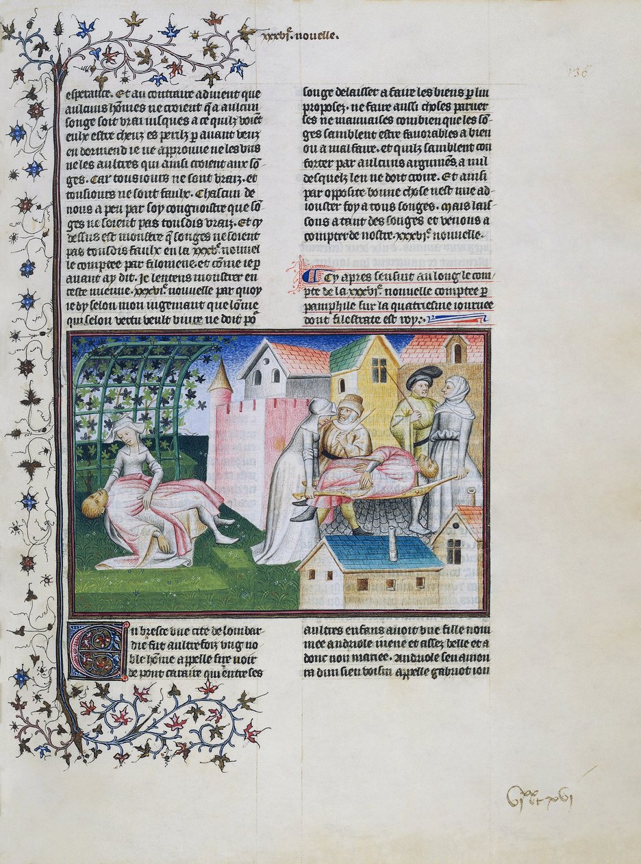 Gabriotto stirbt in Andreuolas Armen, Andreuola bringt seinen Körper nach Hause und wird verhaftet, Andreuola wird für unschuldig erklärt und wird Nonne, Miniatur aus dem Decameron, Vierter Tag, Sechste Geschichte von Giovanni Boccaccio