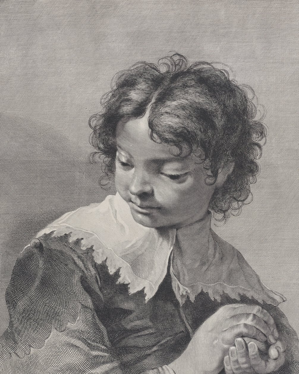 Junge mit Spitzenkragen, der ein Stück Obst in den Händen hält, 1743 von Giovanni Cattini