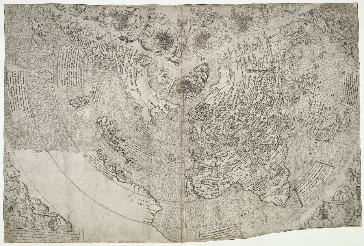 Weltkarte, Mundu [sic] spericum...cognosces diligentia joani mathei Contareni, von Contarini, Giovanni und Francesco Rosselli von Giovanni Contarini