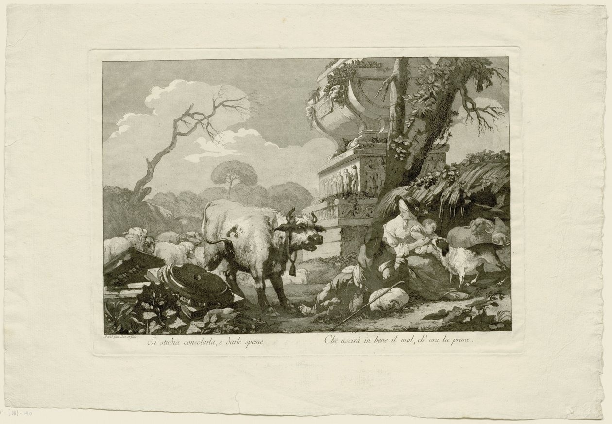 Hirtenfamilie mit Vieh bei antikem Grabmal von Giovanni David